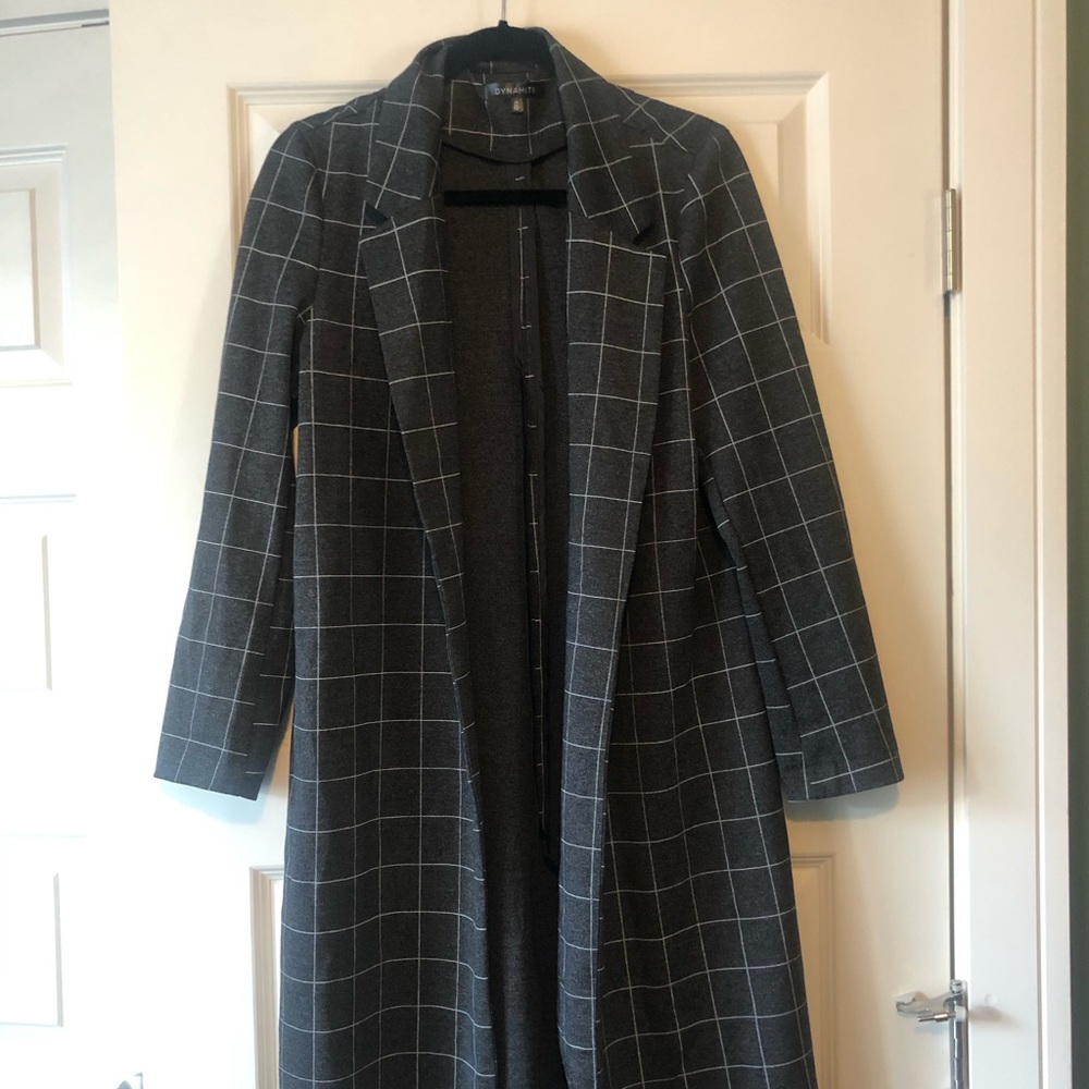 Dynamite Charcoal Gray Windowpane Long Blazer Coat
